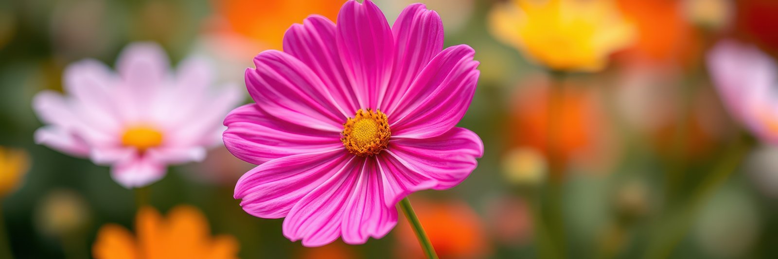 Colorful blooming flowers in a vibrant garden with shades of pink, orange, and yellow create a cheerful atmosphere